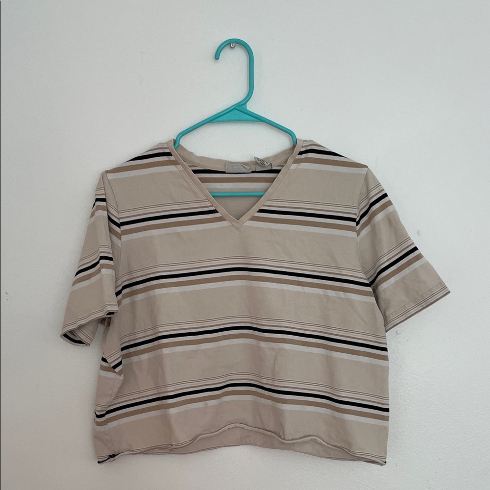 Beige Striped V-Neck Women's Tee